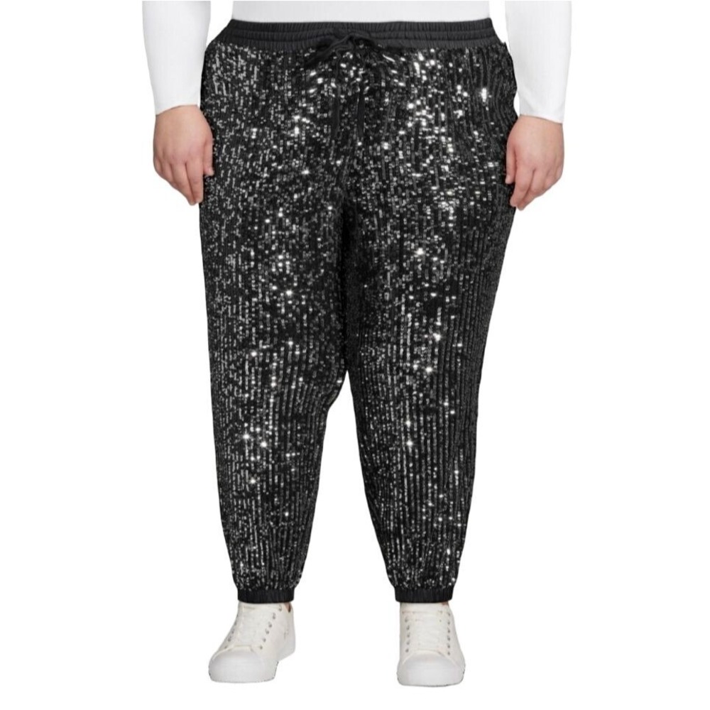 Womens Black Sequin Joggers Plus Size 3X Silver Pull-on‎ Relaxed Pockets Bling